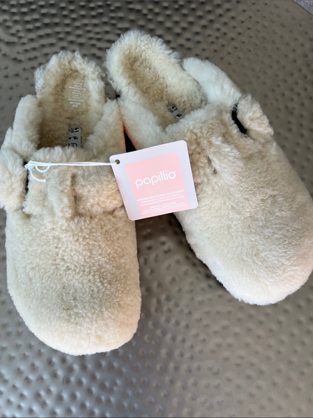 Papillio Boston Big Buckle Teddy Eggshell- Cream Fuzzy Slip-On Clog - Size 41